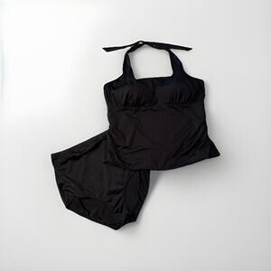 Lands End Swimsuit Womens Plus Size 26W Black Tankini 2 Piece RETRO PINUP